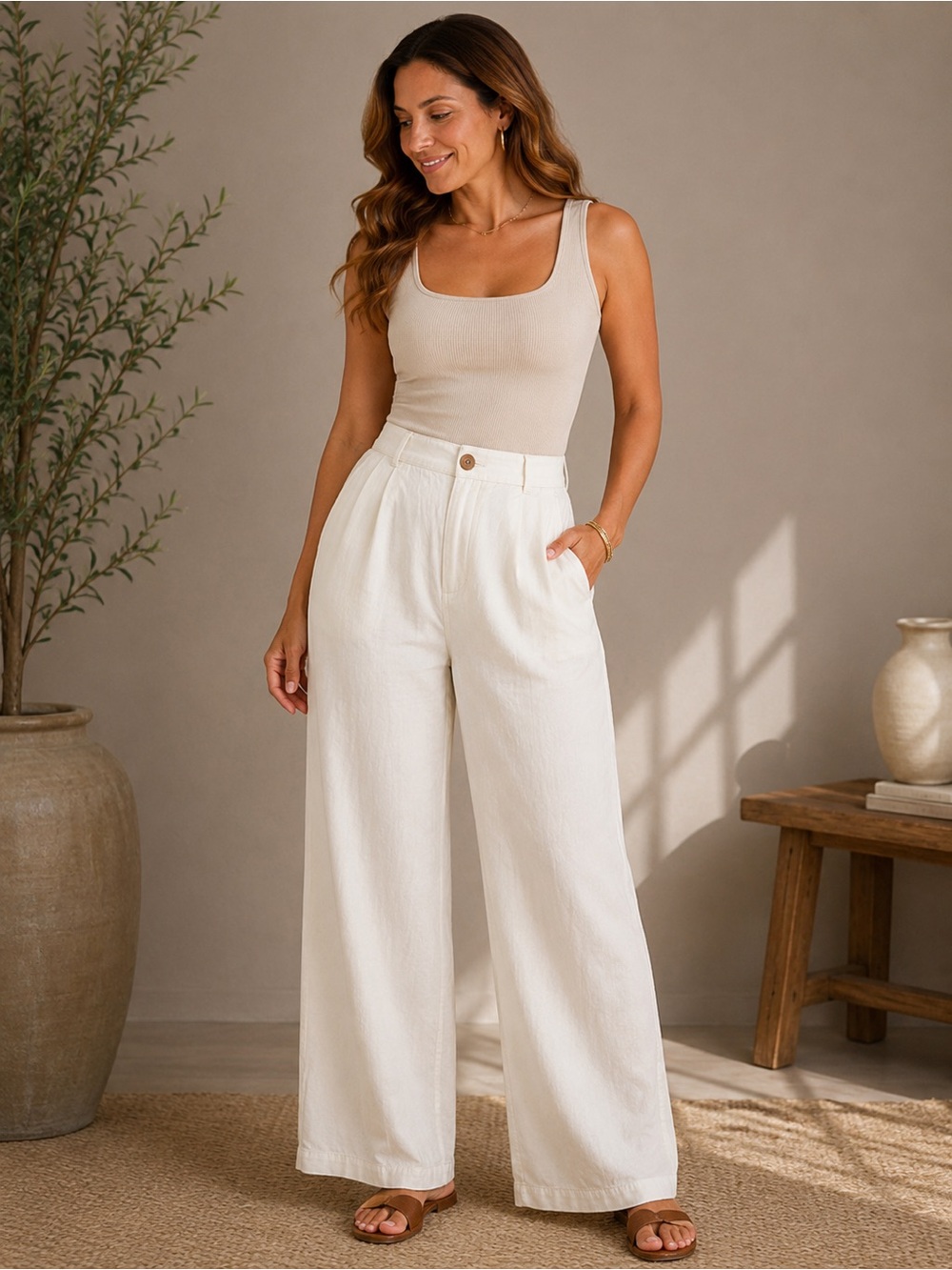 & Other Stories Pleated Wide Leg Cream Linen Pants 6